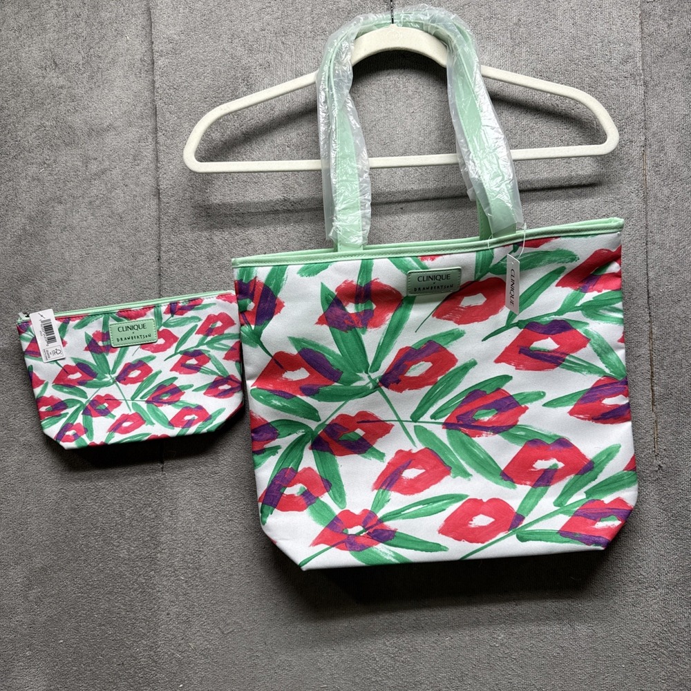 Clinique Drawbertson Tote Bag Set Green Red White‎ Holiday Gift Makeup Bags